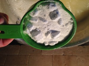 Add 1 Cup of Borax and 1 Cup of Super Washing Soda to the pot of water. You may see suds in your pot and it may be boiling by now, that is fine. Just lower the heat a little to keep it from bubbling too much to prevent spills.