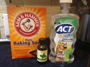 Mouthwash Ingredients:  Baking Soda, Water, Container, Optional Peppermint Oil