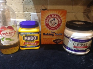 All the Ingredients You Need to Replace 7 Health & Beauty Products: Apple Cider Vinegar, Corn Starch, Baking Soda, Organic Coconut Oil, Water (not shown)