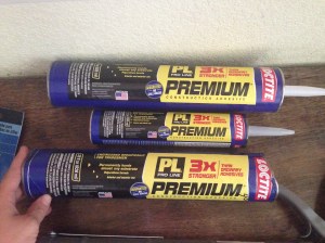 Polyurethane The top two bottles were purchased at Home Depot, the bigger one was around $9 I believe. The bottom tube was purchased at Habitat for Humanity for $4, only missing the tube at the end.
