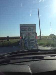 Getting on the road! Convoy: Friend in car with kids, Friend in UHaul with Uhaul trailer, Me in the truck with Mila, and Crab in Chitty Bang.